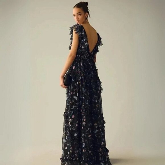 Mac Duggal Women's Black Floral Ruffled Chiffon Leena Maxi Dress Size 8 2808 - Picture 13 of 16